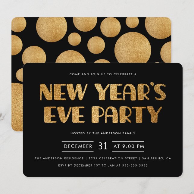 Invitation Parties scintillant d'or moderne Nouvel An Eve Par (Devant / Derrière)