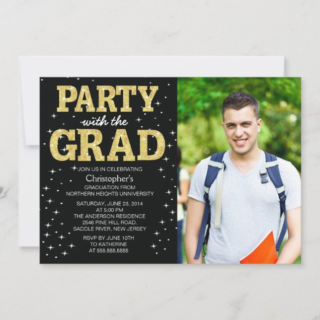 Invitation Parties scintillant d'or moderne Photo Graduation  (Devant)