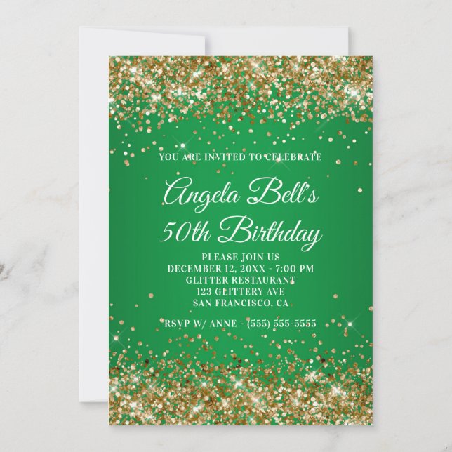 Invitation Parties scintillant d'or Monogramme vert Ombre 50e (Dos)