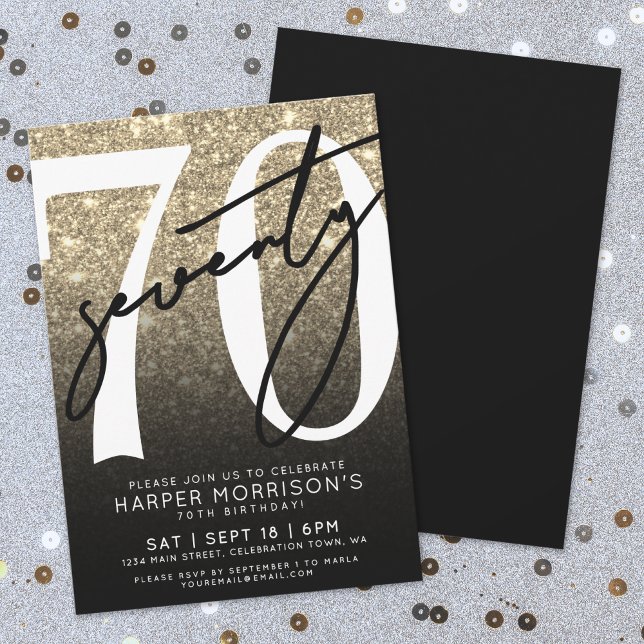 Invitation Parties scintillant d'or noir 70e anniversaire (Black Gold Glitter 70th Birthday Invitation)