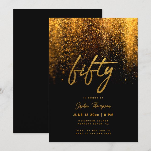 Invitation Parties scintillant d'or noir Calligraphie Élégant (Devant / Derrière)