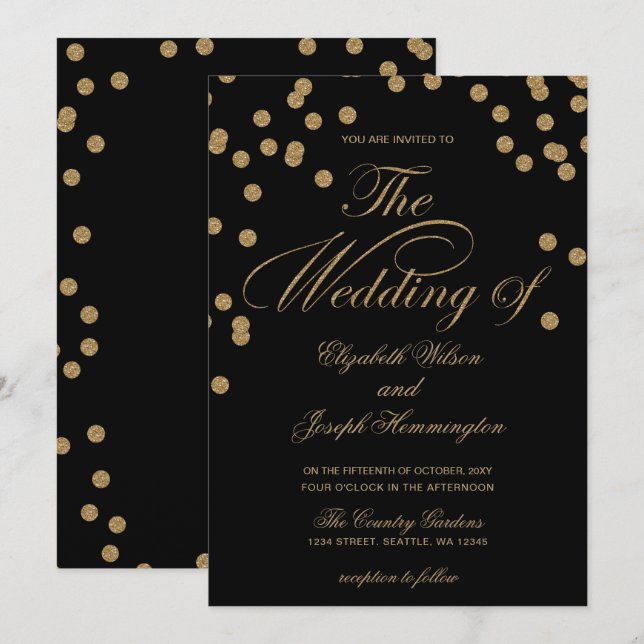 Invitation Parties scintillant d'or noir Confetti Mariage élé (Devant / Derrière)