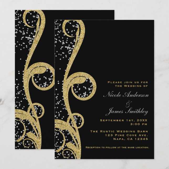 Invitation Parties scintillant d'or noir et d'argent Élégant  (Devant / Derrière)