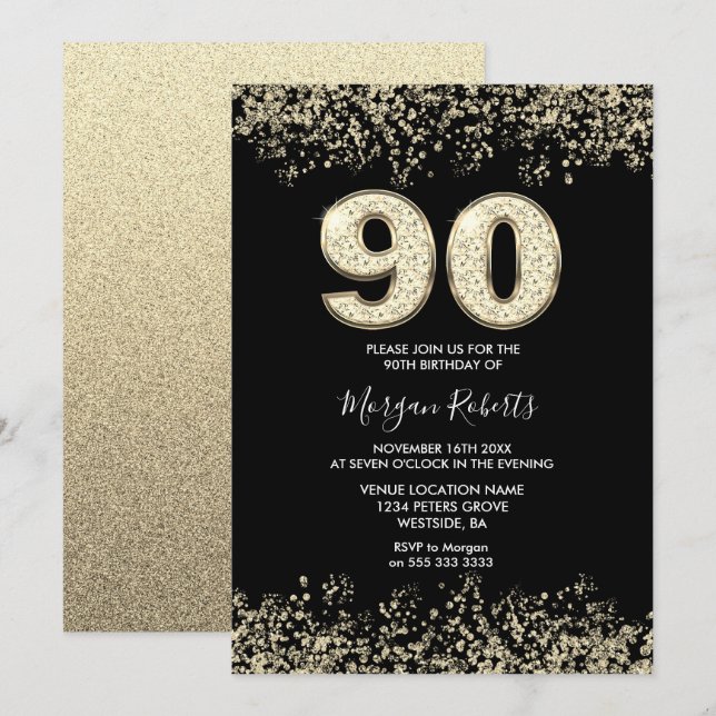 Invitation Parties scintillant d'or noir Hommes Fêtes de 90e  (Devant / Derrière)