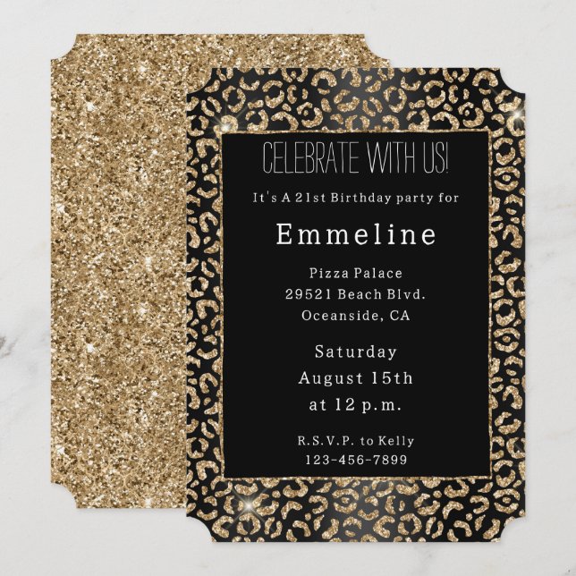 Invitation Parties scintillant d'or noir Leopard (Devant / Derrière)