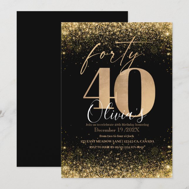 Invitation Parties scintillant d'or noir moderne 40e annivers (Devant / Derrière)