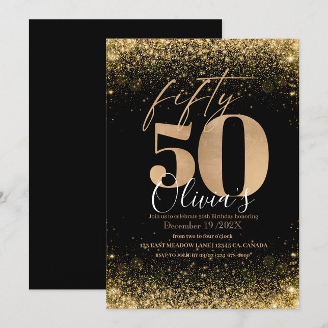 Invitation Parties scintillant d'or noir moderne 50e annivers (Devant / Derrière)