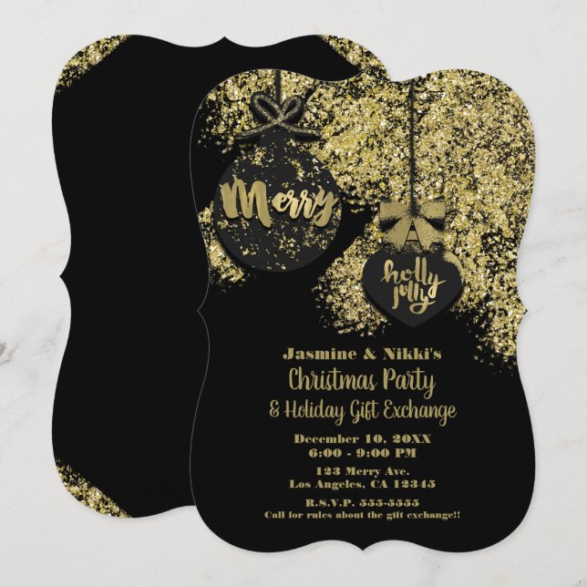 Invitation Parties scintillant d'or noir ornements de vacance (Devant / Derrière)
