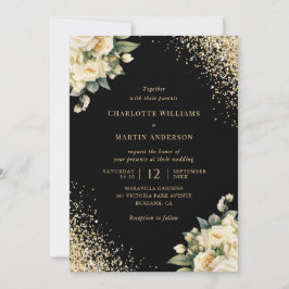 Invitation Parties scintillant d'or noir Roses d'ivoire Maria