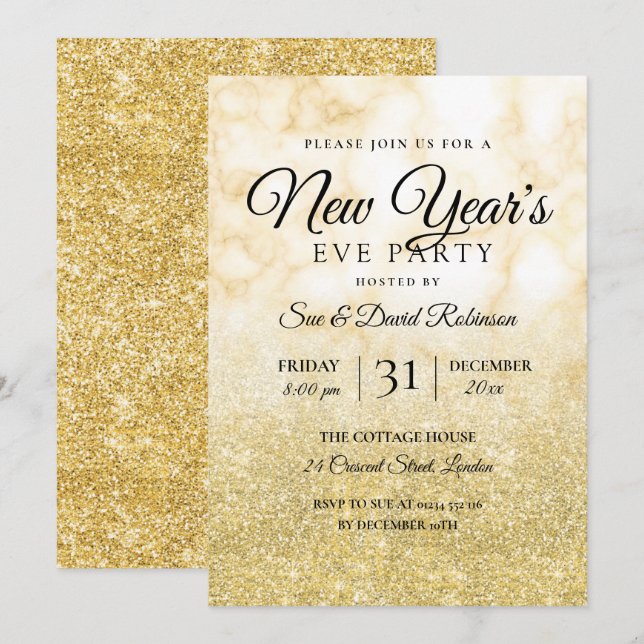 Invitation Parties scintillant d'or Nouvel An Eve Party Marbr (Devant / Derrière)