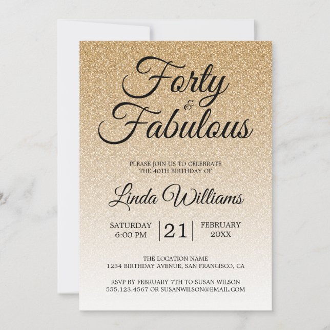 Invitation Parties scintillant d'or Ombre 40 et Sassy 40e ann (Devant)