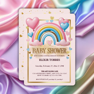 Invitation Parties scintillant d'or Pastel Coeurs et Baby sho