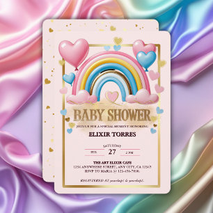 Invitation Parties scintillant d'or Pastel Coeurs et Baby sho