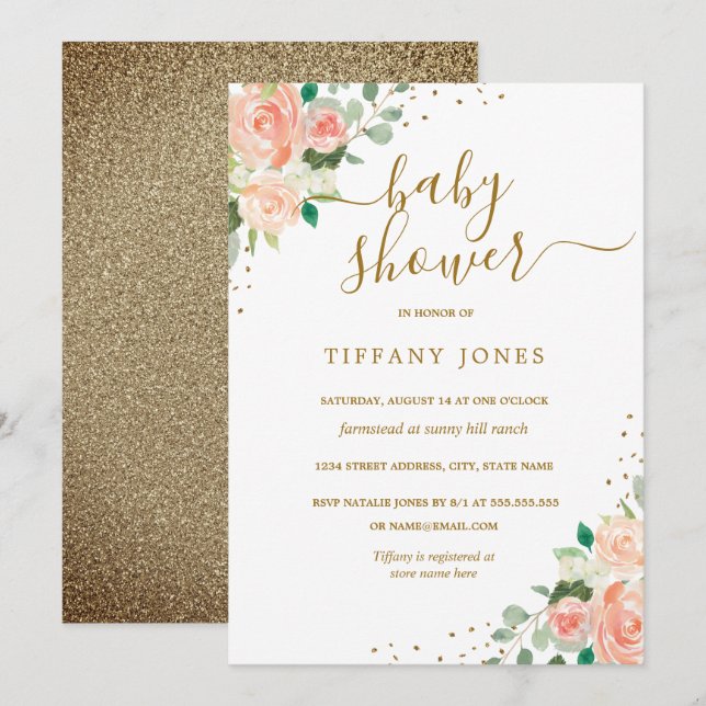 Invitation Parties scintillant d'or Pêche Floral fille Baby s (Devant / Derrière)