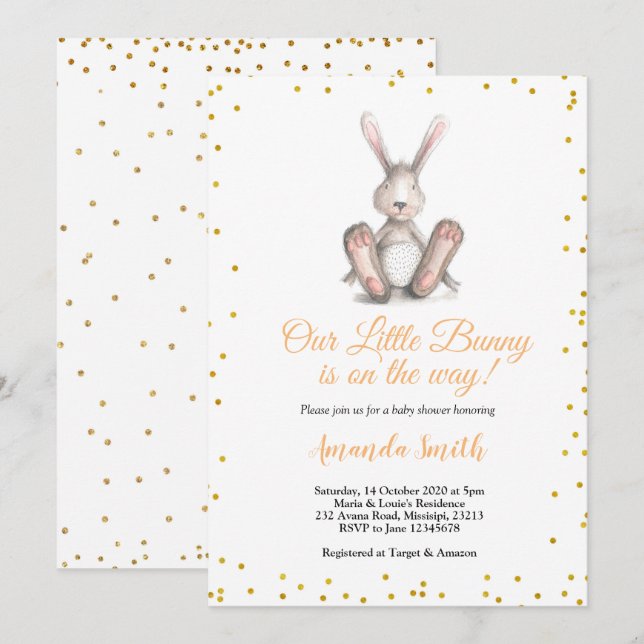 Invitation Parties scintillant d'or Petite Bunny Baby shower  (Devant / Derrière)