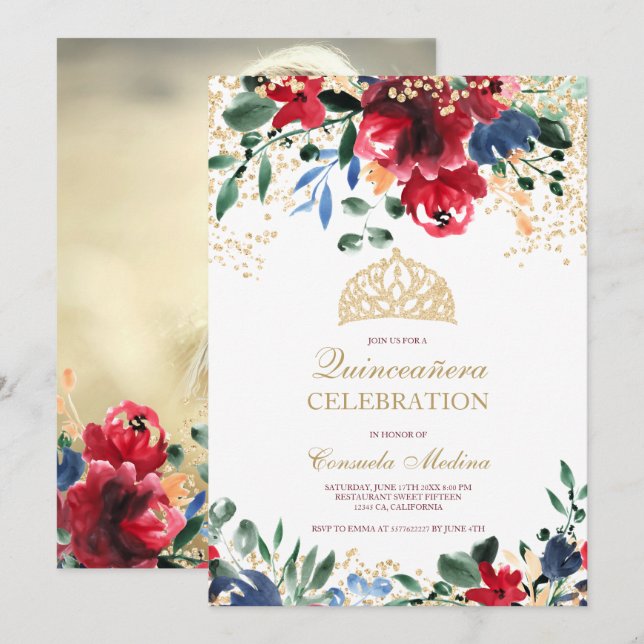 Invitation parties scintillant d'or photo florale tiara Quinc (Devant / Derrière)
