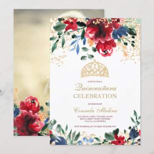 Invitation parties scintillant d'or photo florale tiara Quinc