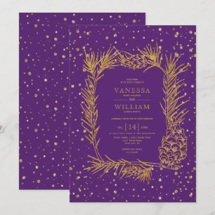 Invitation Parties scintillant d'or pin, confetti violet mari