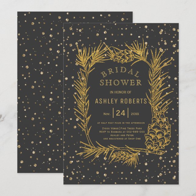 Invitation Parties scintillant d'or pin gris douche nuptiale  (Devant / Derrière)