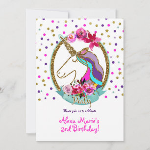 Invitation Parties scintillant d'or Pois Unicorn fête d'anniv
