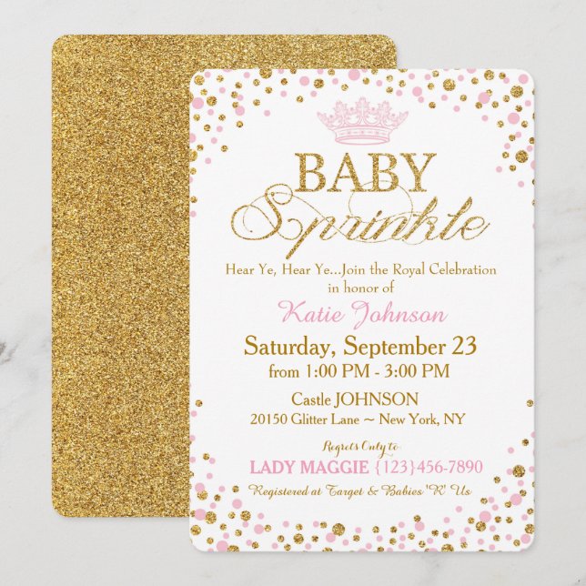 Invitation Parties scintillant d'or Princess Baby shower d'ar (Devant / Derrière)