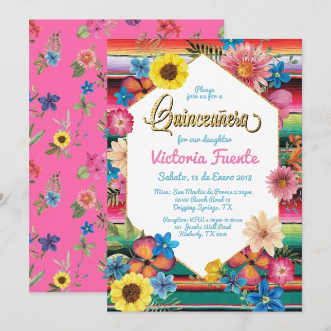 Invitation Parties scintillant d'or Quinceanera du Mexique Fl (Devant / Derrière)