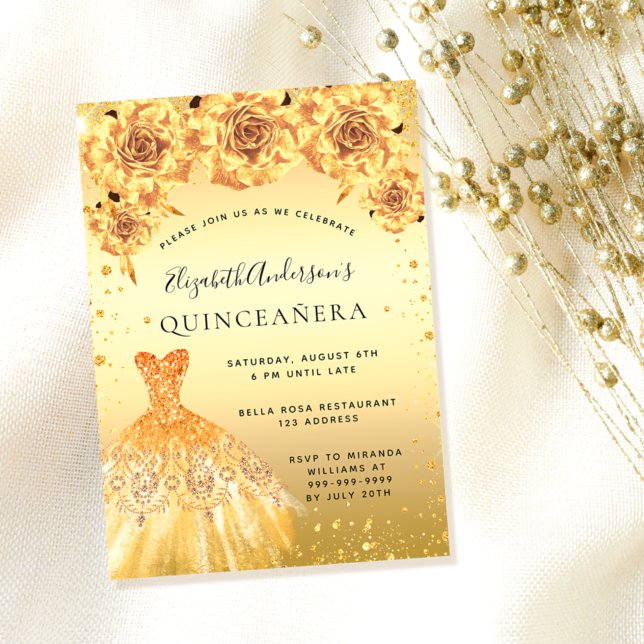 Invitation Parties scintillant d'or Quinceanera robe florale  (Créateur téléchargé)
