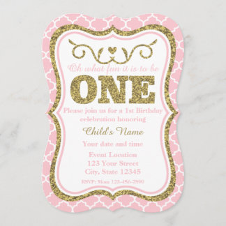 Invitation Parties scintillant d'or rose 1er Anniversaire