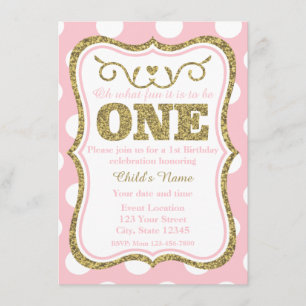 Invitation Parties scintillant d'or rose 1er anniversaire Inv