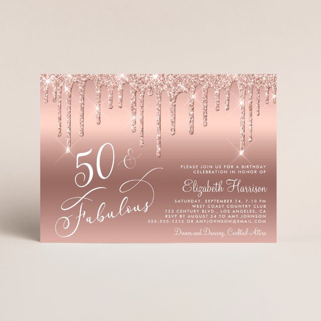 Invitation Parties scintillant d'or rose 50e fête d'anniversa (Celebrate her 50 years of sparkle with an elegant rose gold glitter birthday party invitation  🎉 🎂)