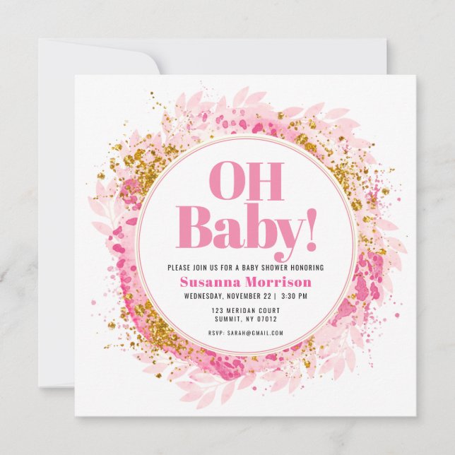 Invitation Parties scintillant d'or rose Aquarelle bébé fille (Devant)