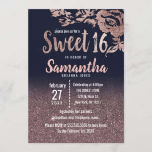 Invitation Parties scintillant d'or Rose bleu de la marine Fl