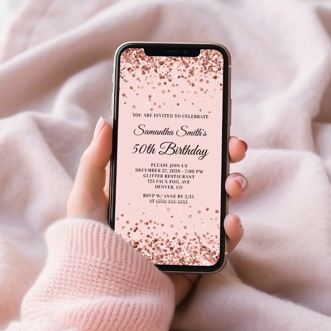 Invitation Parties scintillant d'or rose Blush 50e anniversai (Rose Gold Glitter Blush 50th Birthday Invitation)