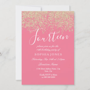 Invitation Parties scintillant d'or rose Confetti 14e anniver
