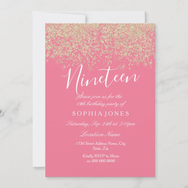 Invitation Parties scintillant d'or rose Confetti 19e anniver (Devant)