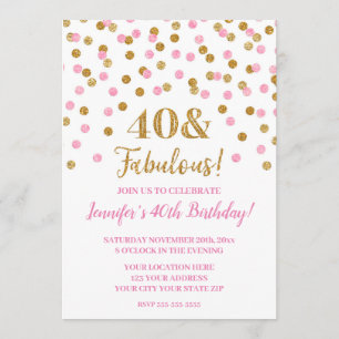 Invitation Parties scintillant d'or rose Confetti 40 et fabul