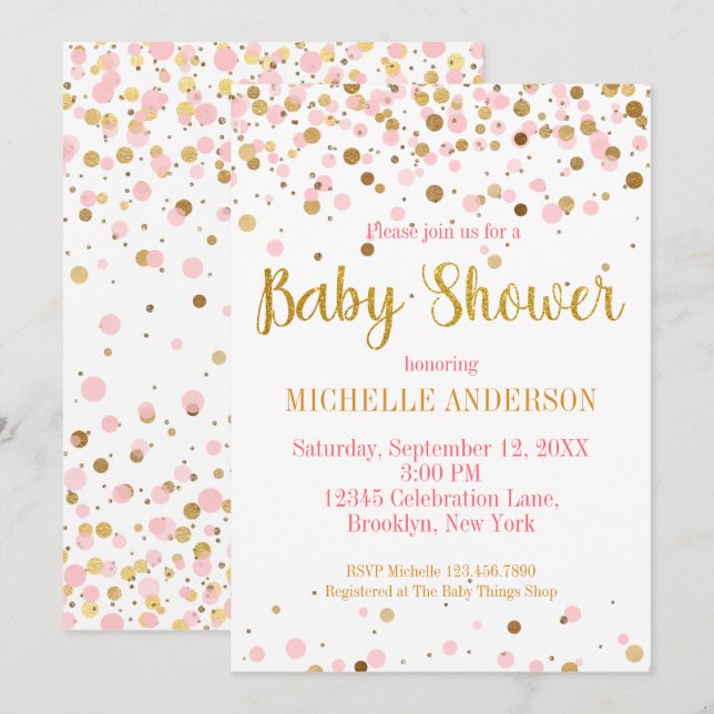 Invitation Parties scintillant d'or rose Confetti Baby shower (Devant / Derrière)