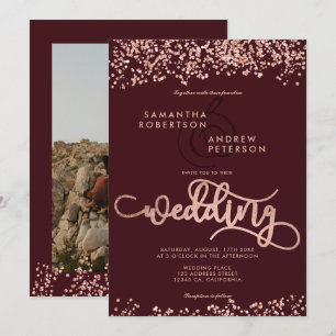 Invitation Parties scintillant d'or rose confetti burgundy ph
