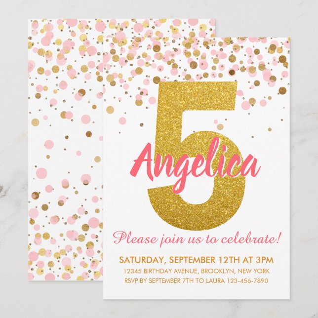 Invitation Parties scintillant d'or rose Confetti Fille Cinqu (Devant / Derrière)
