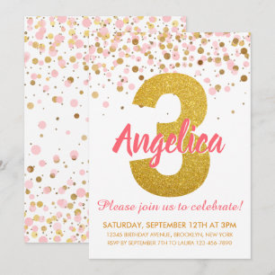 Invitation Parties scintillant d'or rose Confetti fille trois