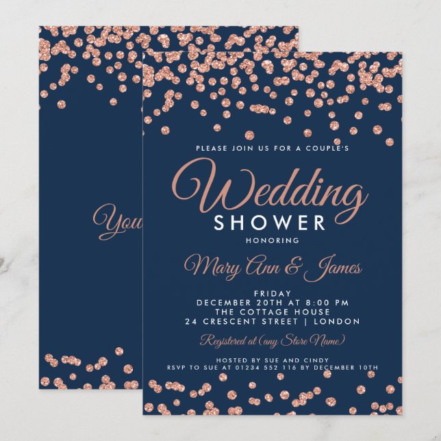 Invitation Parties scintillant d'or rose Confetti Marine Coup (Devant / Derrière)