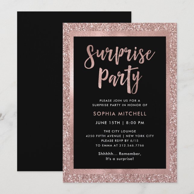 Invitation Parties scintillant d'or Rose de Faux| Surprise (Devant / Derrière)