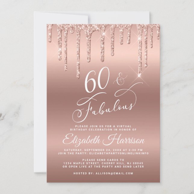 Invitation Parties scintillant d'or Rose de la fête du 60e an (Devant)