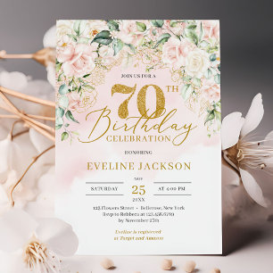 Invitation Parties scintillant d'or rose douce roses 70e anni