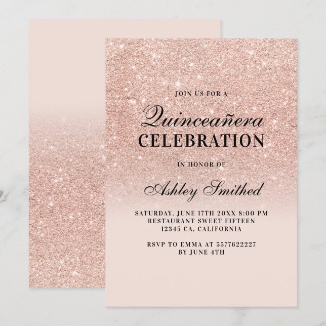 Invitation parties scintillant d'or rose et élégante Quinceañ (Devant / Derrière)