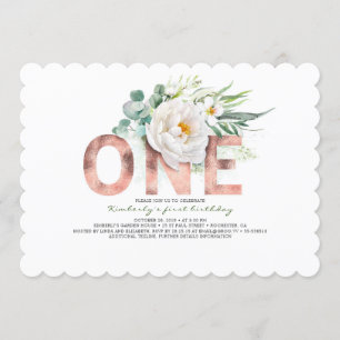 Invitation Parties scintillant d'or Rose et fleurs blanches 1