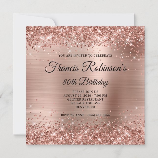 Invitation Parties scintillant d'or rose et Monogramme de hui (Devant)