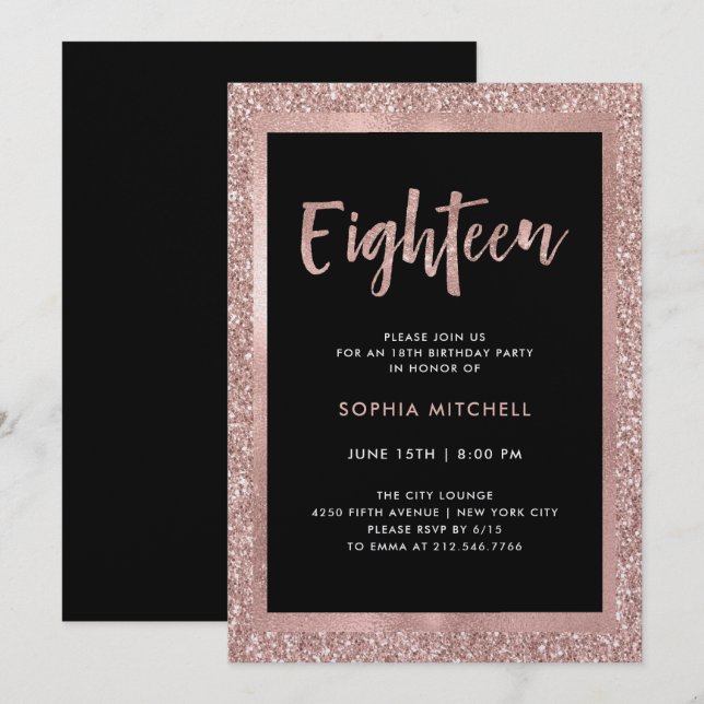 Invitation Parties scintillant d'or Rose Faux | 18e fête d'an (Devant / Derrière)