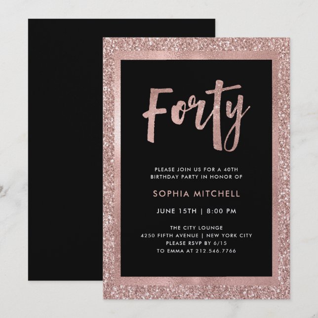 Invitation Parties scintillant d'or Rose Faux | Fête du 40e a (Devant / Derrière)