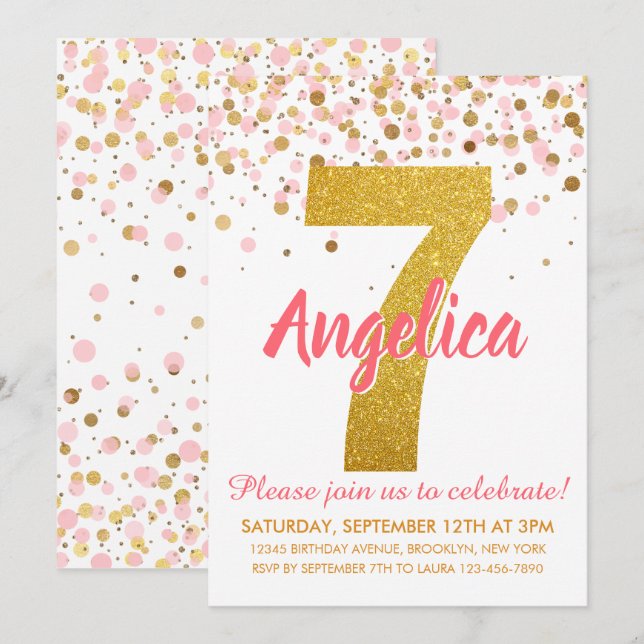 Invitation Parties scintillant d'or rose Fille Confetti Septi (Devant / Derrière)